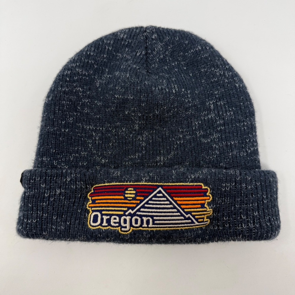 Little Bay Root Oregon Beanie Hat Navy Blue Marled Knit Mountain Sunset Patch
